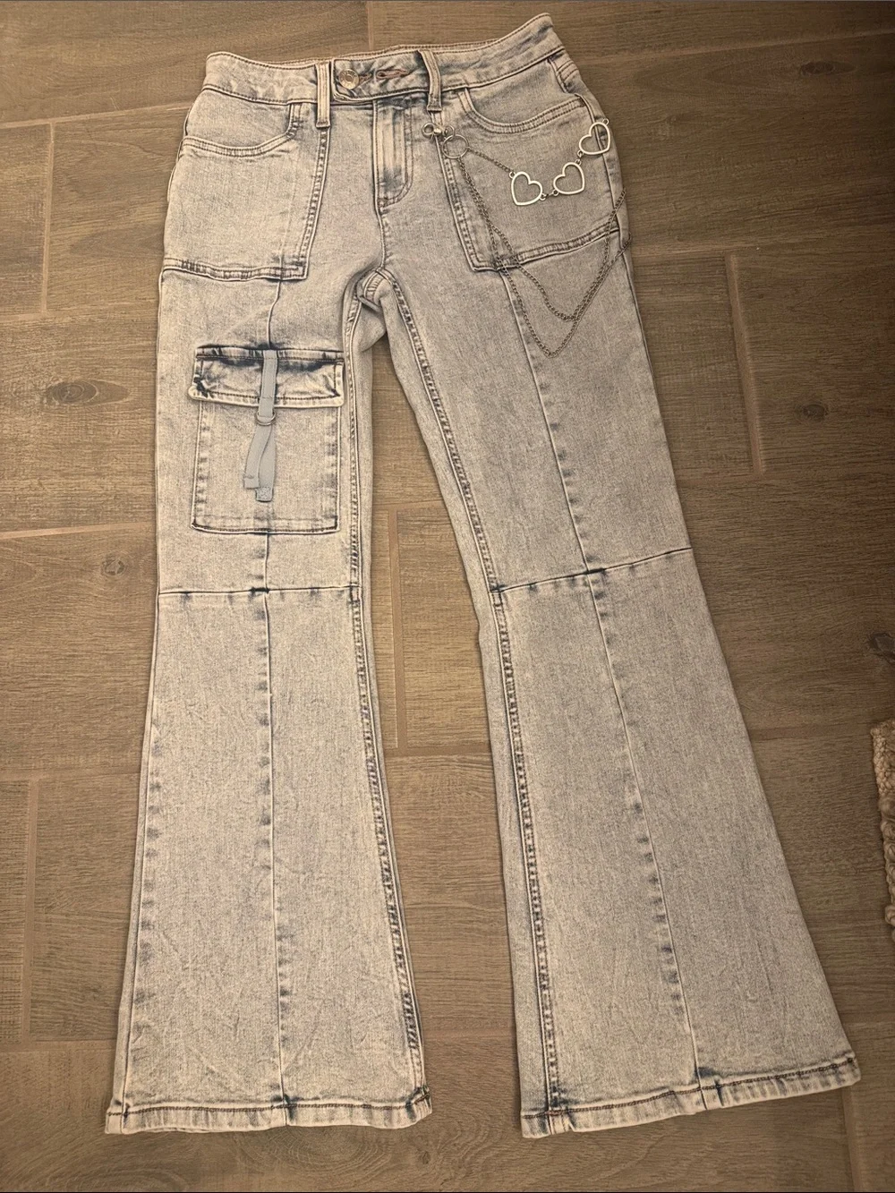 Girls Justice Light wash Flare Cargo Jeans with Heart Rings with tags. Sz. 12